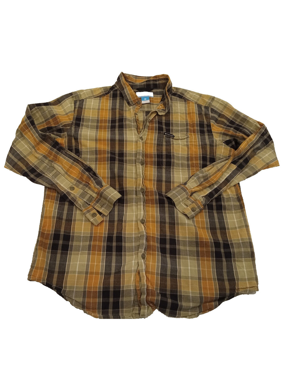 Columbia Plaid Flannel Shirt Mens Large Yellow Brown Casual Button Down Long Sle